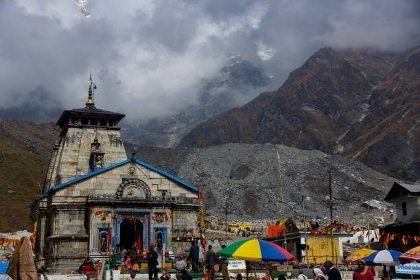 Kedarnath Temple with snow-covered Himalayan peaks in the background, Rudraprayag, Uttarakhand — first and most sacred of the Panch Kedar shrines