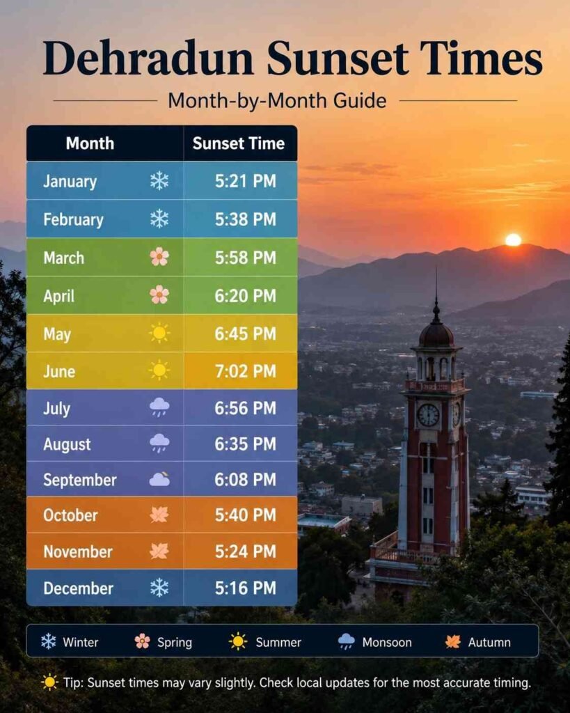 Month-by-month sunset timings infographic for Dehradun — best golden hour times across all seasons in Uttarakhand