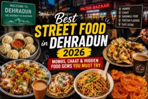 Best Street Food in Dehradun 2026 featuring momos, chaat, noodles, jalebi and local street food stalls at Paltan Bazaar Dehradun