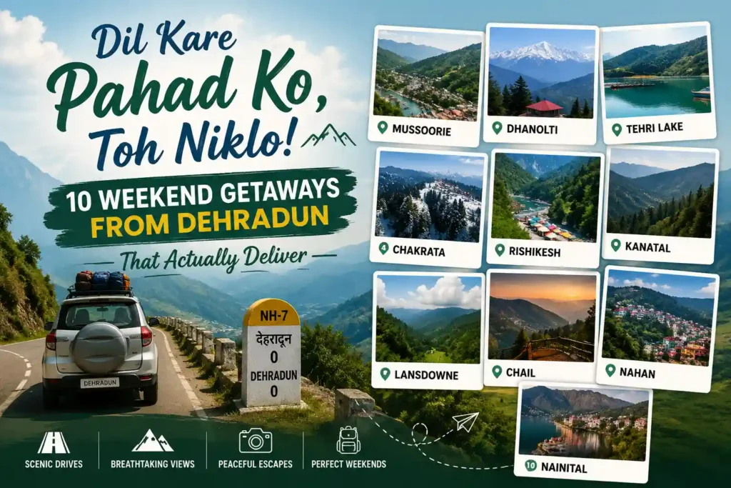 Travel poster showing 10 weekend getaways from Dehradun including Mussoorie, Dhanaulti, Tehri Lake, Chakrata and Nainital with scenic mountain views and road trip theme