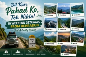 Travel poster showing 10 weekend getaways from Dehradun including Mussoorie, Dhanaulti, Tehri Lake, Chakrata and Nainital with scenic mountain views and road trip theme