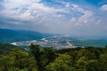 Aerial drone view of Dehradun valley at golden hour — best drone photography spots in Dehradun
