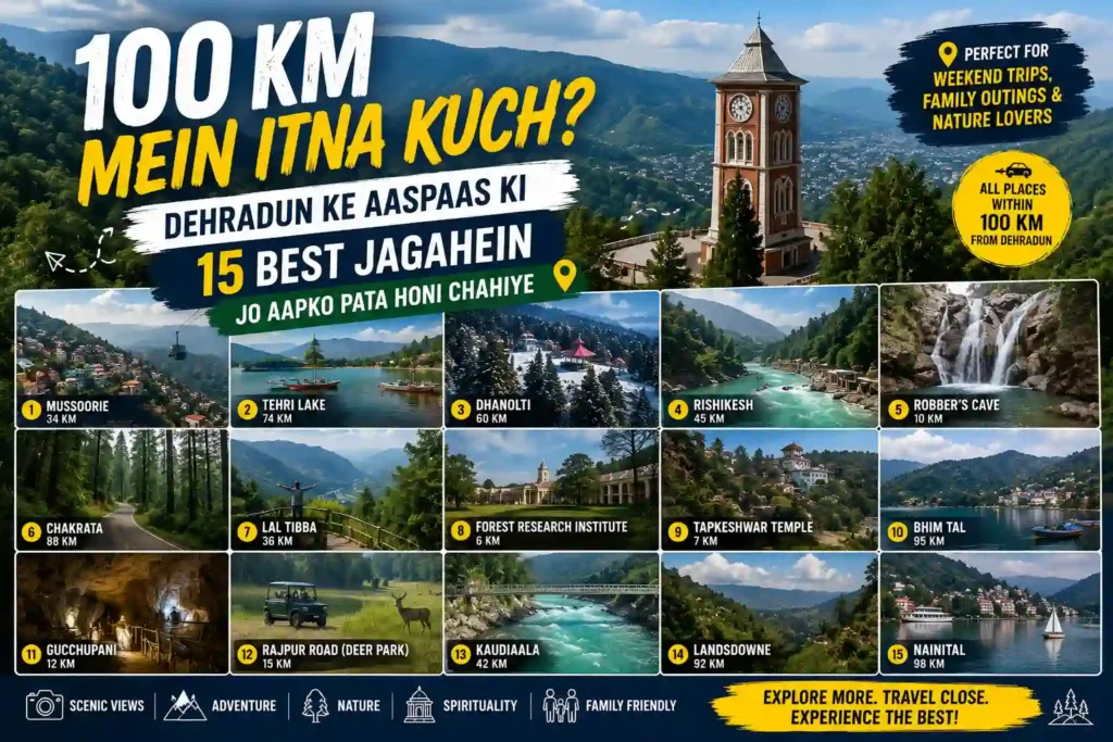 Travel poster showing 15 best places within 100 km of Dehradun including Mussoorie, Rishikesh, Dhanaulti, Tehri Lake and Nainital with scenic mountain views and distances mentioned