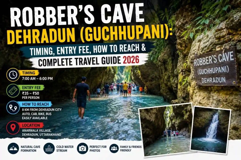 Robber's Cave Dehradun (Guchhupani) travel guide 2026 showing river cave, walking through water, timing, entry fee, location, and tourist experience