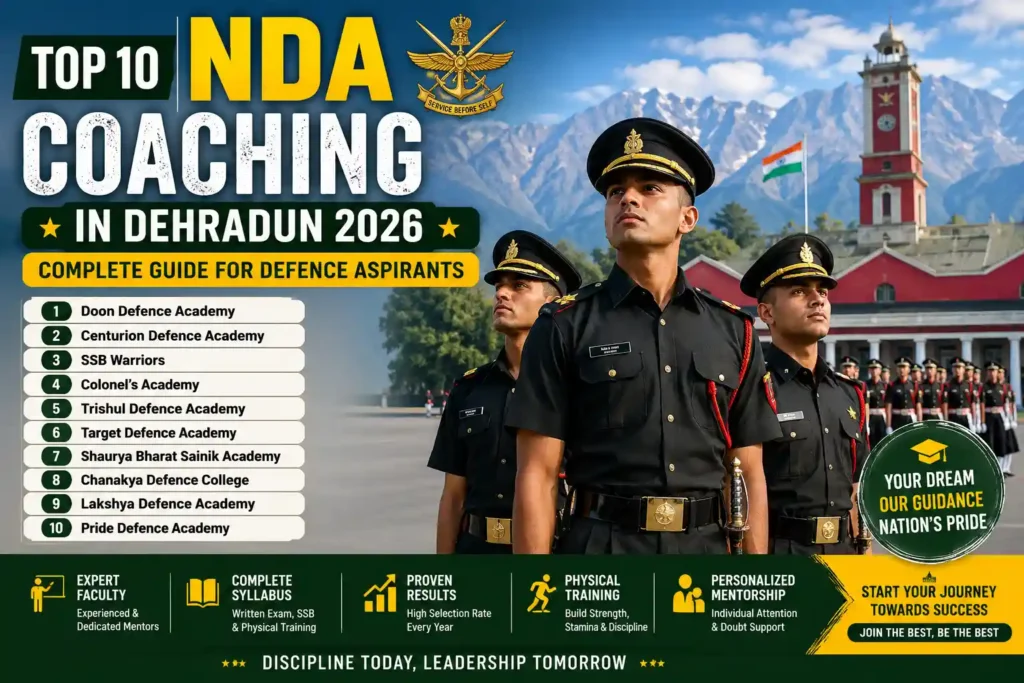 NDA coaching in Dehradun 2026 showing cadets in uniform with top defence academies list and military training environment for NDA aspirants