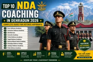 NDA coaching in Dehradun 2026 showing cadets in uniform with top defence academies list and military training environment for NDA aspirants